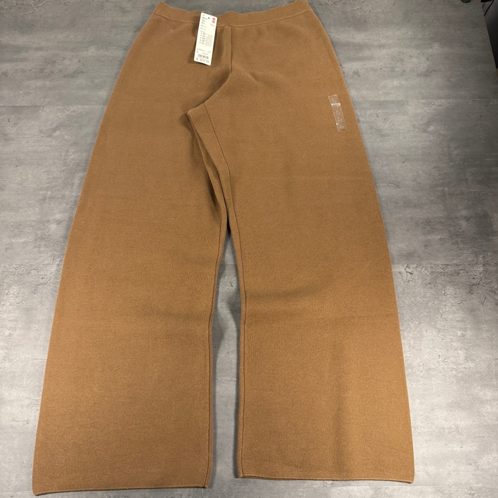 Uniqlo Pants Womens L Milano Rib Knit Wide Leg Brown Washable NEW Cozy Comfy